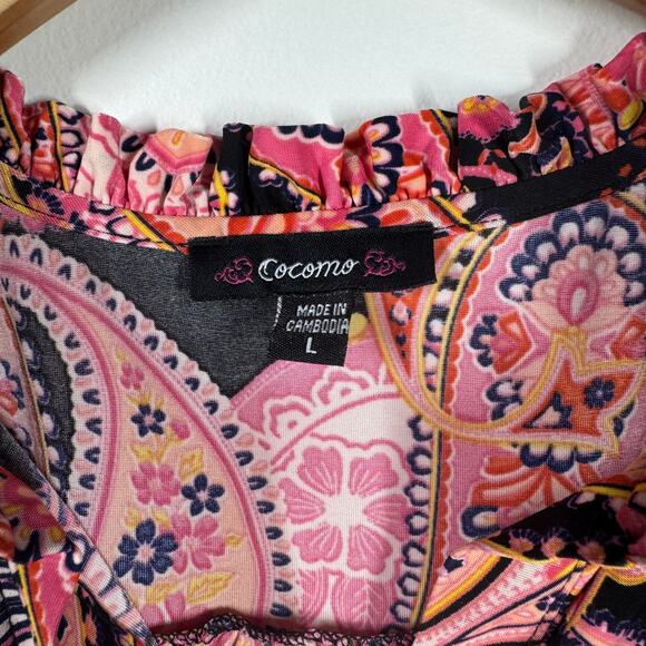 Cocomo Top Women L Pink Floral Paisley Pleated Stretch Short Sleeve Tunic Spring - Picture 5 of 7